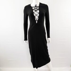 Reformation Black Lace Up EDISON Midi Dress Size M Ribbed Long Sleeve Goth Party